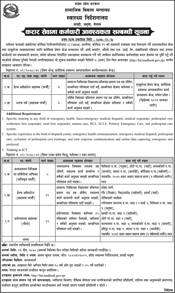 Madhesh Pradesh Directorate of Health Vacancy