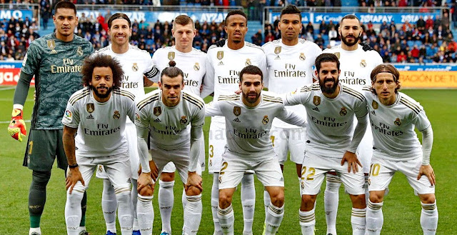 REAL MADRID. C. F. Temporada 2019-20. Areola, Sergio Ramos, Kroos, Militao, Casemiro, Benzema. Marcelo, Gareth Bale, Carvajal, Isco y Modric. DEPORTIVO ALAVÉS 1 REAL MADRID C. F. 2. 30/11/2019. Campeonato de Liga de 1ª División, jornada 15. Vitoria, Álava, estadio de Mendizorroza (19.357 espectadores). GOLES: 0-1: 52’, Sergio Ramos. 1-1: 65’, Lucas Pérez, de penalti. 1-2: 69’, Carvajal.