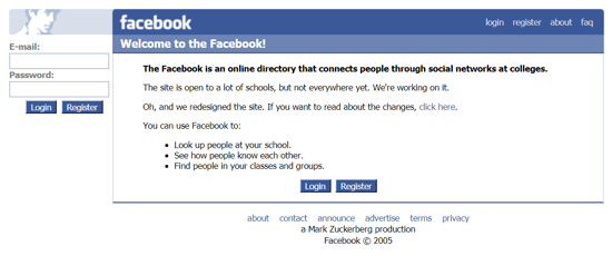 Facebook home page 2005