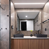 Banheiro contemporâneo com sauna + porcelanato cinza e amadeirado!