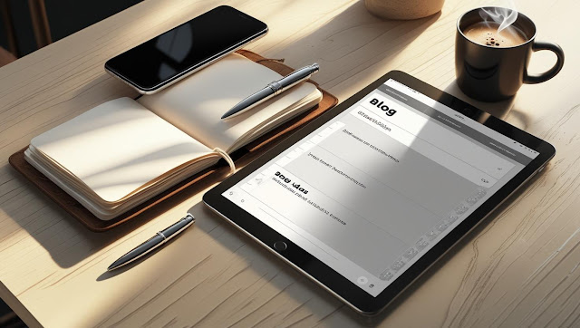 High-angle shot of a content creator’s minimalist workspace with a tablet displaying Simplified AI Writer blog ideas, a leather notebook, smartphone, pen, and a steaming coffee cup.