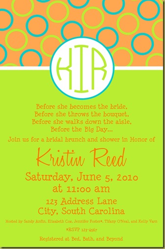 Lime Green Orange Turquoise Monogram Bridal Shower Invitation