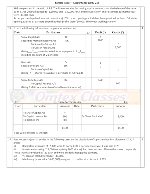 Accountancy SQP Class XII Sample Question Paper & Marking Scheme for Exam 2020-21