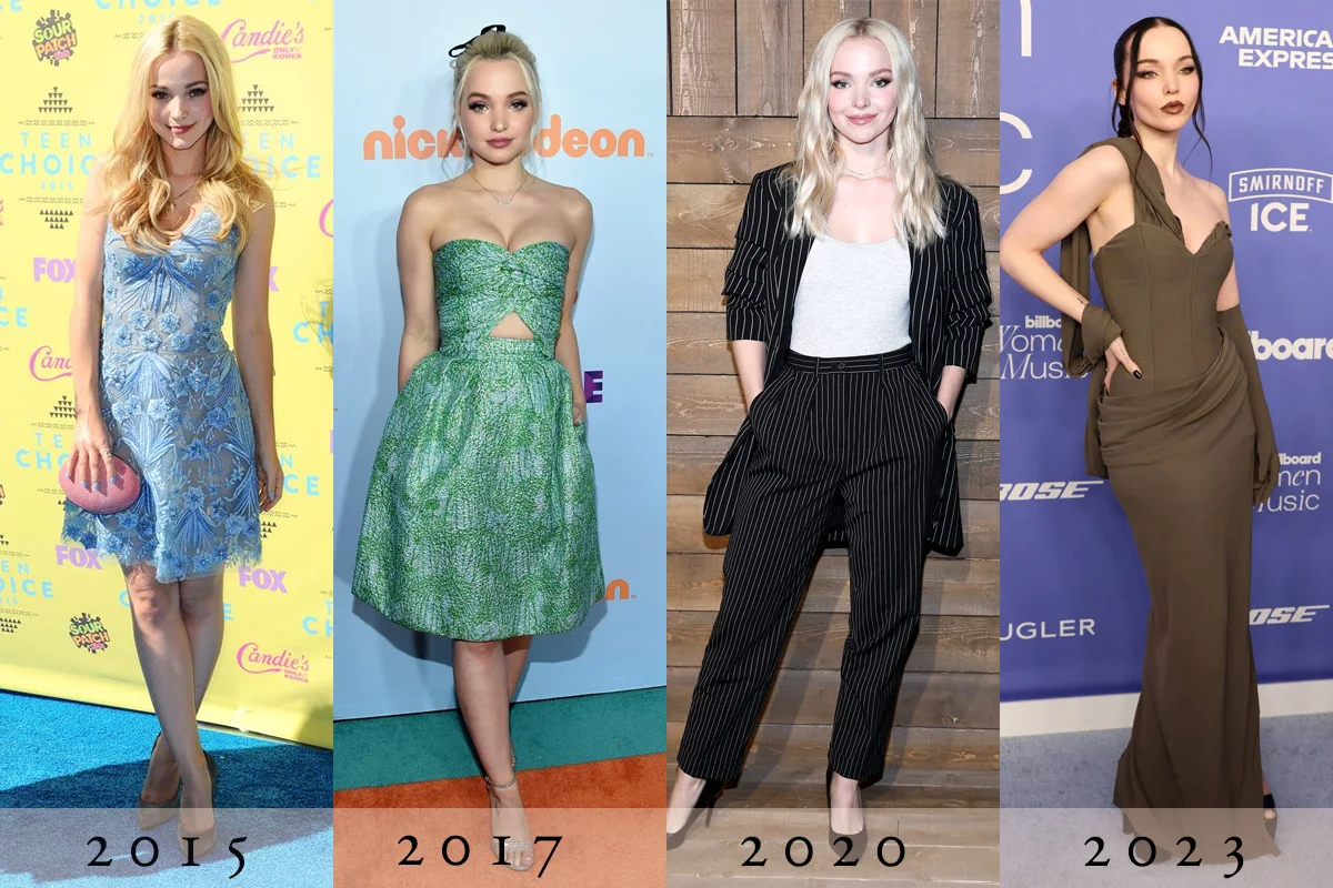 collage with four images showing Dove Cameron's style evolution through the years
