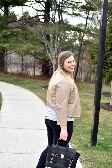 lauren conrad for kohls faux leather blush jacket ripped skinny black denim phillip lim pashli medium purse mules house of harlow sunburse necklace ombre blonde hair casual weekend look spring look 