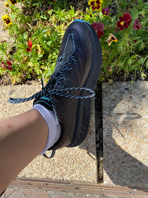 Photo of a lower leg wearing a black Hoka shoe with turquoise accents.