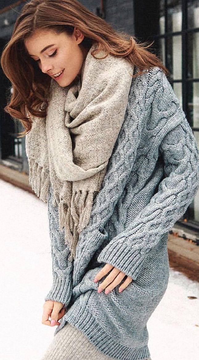 cozy winter outfit idea / nude scarf and knit sweater dress