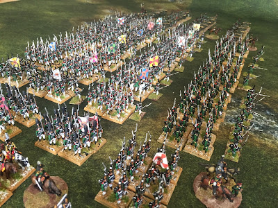 "Eric's Napoleonic Russians based 5 regiments, flags mounted, skirmishers made. Bought these guys 3-4 years ago when the price was good. Just now in a state I can game with them."