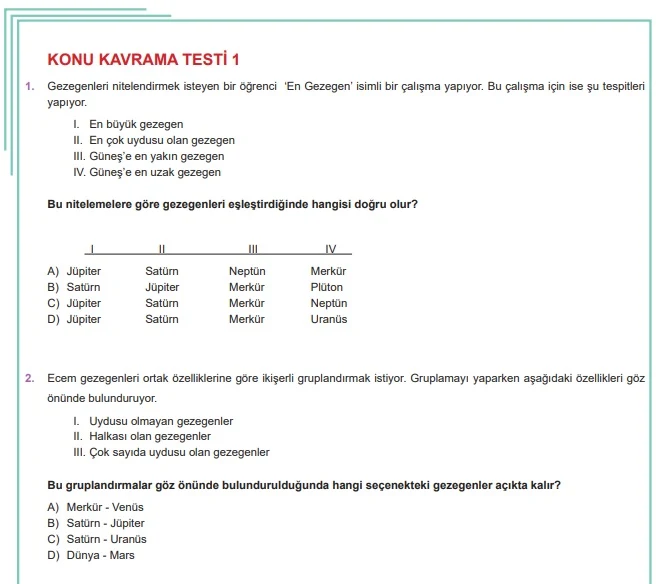 Fen Bilimleri 6.Sınıf Güneş Sistemi Test