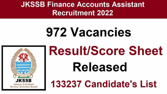 JKSSB Finance Accounts Assistant (FAA) Result/Score Sheet of 133237 Candidates, Download PDF
