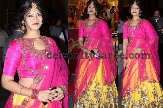 Pretty Girl in Yellow and Pink Shimmer Lehenga