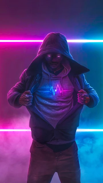 Download Wallpaper Neon Hoodie Guy, Hd, 4k Images.