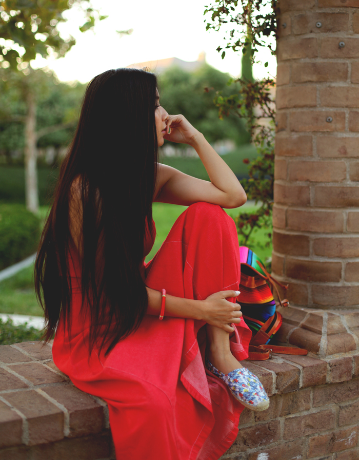 Stephanie Liu of Honey & Silk wearing Armani denim dress (thrifted), tropical Soludos shoes, and Stela 9 hacienda backpack