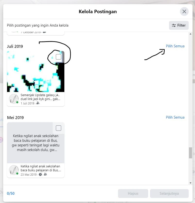 menghapus postingan facebook berdasar tahun