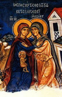 Visitación de María a su prima Isabel. Mural de la Iglesia de la Santa Cruz en Pelendri (Chipre). Siglo XIV
