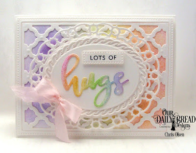 Our Daily Bread Designs, Hugs Stamp Die Duo,  Boho Background die, Ornate Ovals, Layered Lacey Ovals, and Pierced Rectangles dies., designed by Chris Olsen