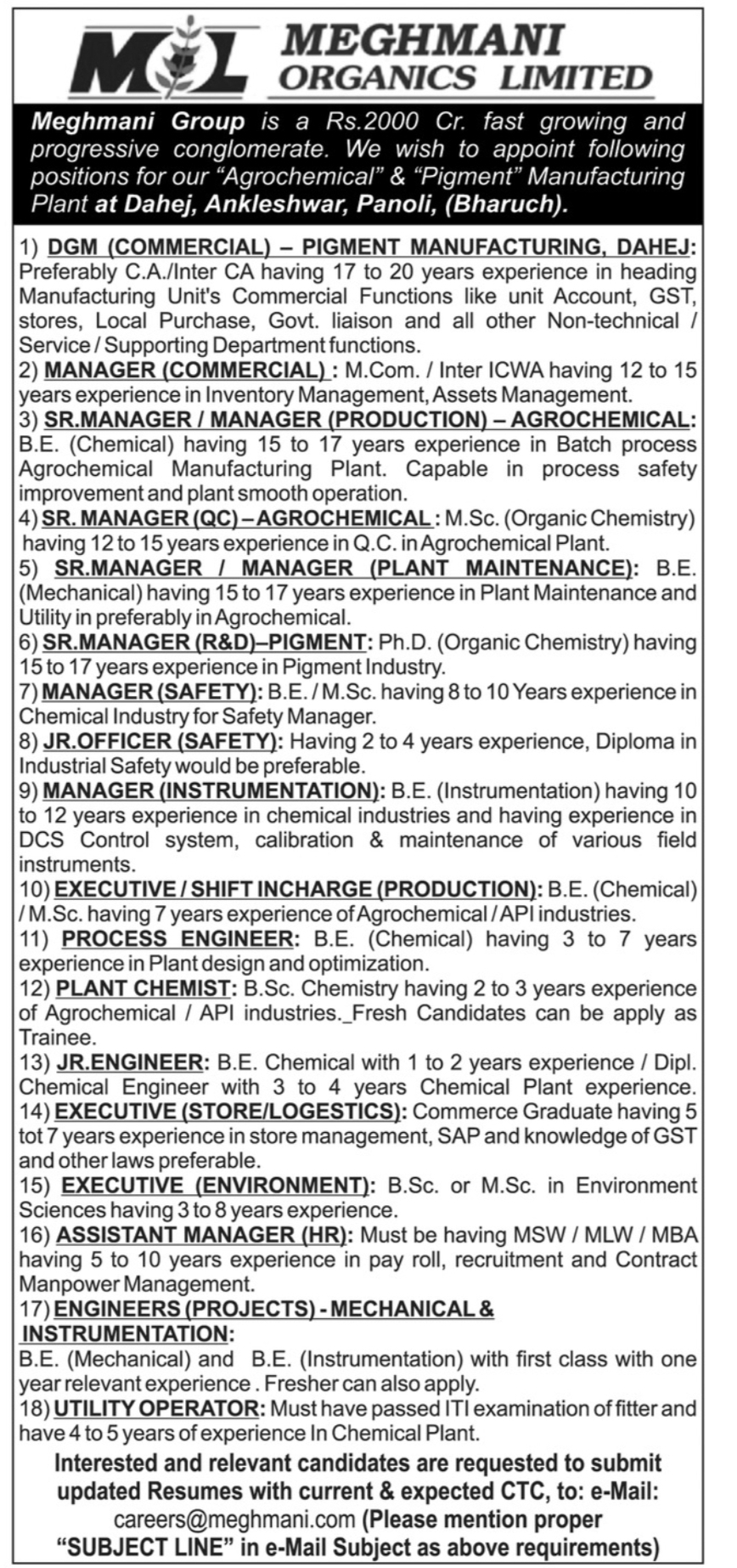 Job Availables, Meghmani Organics Job Opening For Production/ QC/ Safety/ Maintenance/ Process/ Accounts/ HR/ R&D/ Instrumentation/ Environment/ Project/ Store/ Logistics - Multiple Opening. Apply Now