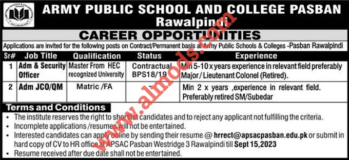 Fortunately We Now Have A Better Job In Army Public School & College Pasban Rawalpindi Jobs In 2023