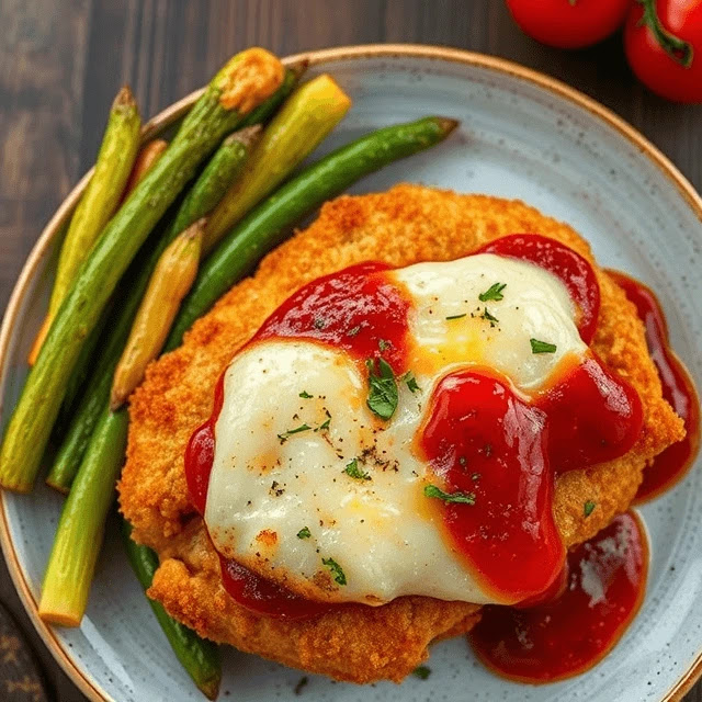 Overhead view of a plate of air-fried Chicken Parmesan served with a side of spaghetti, garnished with basil.