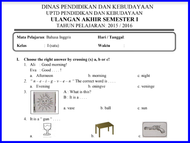 Soal PAS UAS Kelas 1 SD/MI Semester 1 Kurikulum 2013 Semua MAPEL