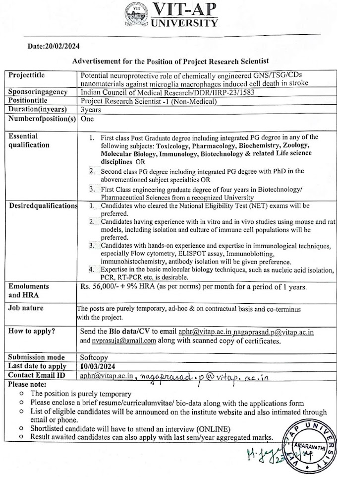 VIT-AP Toxicology/Biochemistry Project Scientist Opening