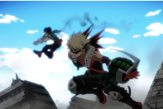 Izuku and Bakugo leaping through the sky as they try to lead Tomura Shigaraki away.