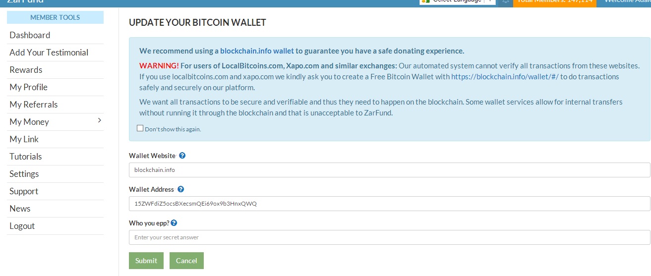 How To Add Your Blockchain Bitcoin Wallet Address To Your Zarfund - 