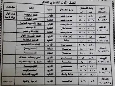 رسميا - جداول امتحانات الفصل الدراسى الاول 2017 لجميع المراحل التعليمية " ابتدائى - اعدادى - ثانوى " بالمحافظات 