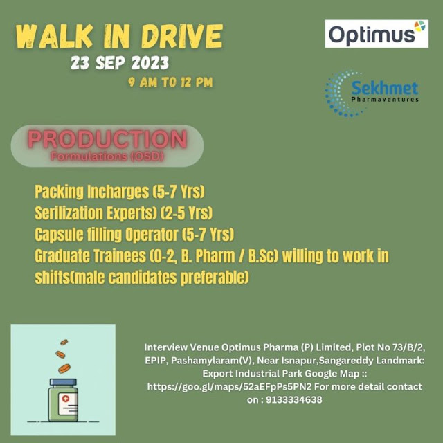 Optimus Walk In Drive For Packing/ Capsule Filling/ Serilization / Graduate Trainees (B Pharm/ BSc)