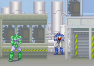 Green and blue robot in shopping mall area style from like the  1990s