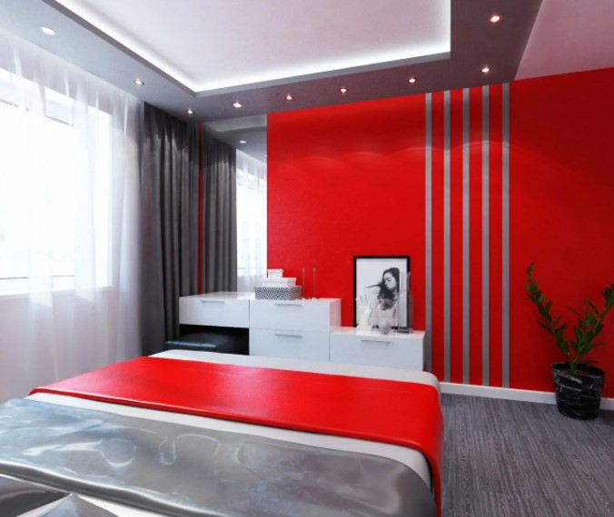 kombinasi dua warna merah untuk dinding kamar tidur