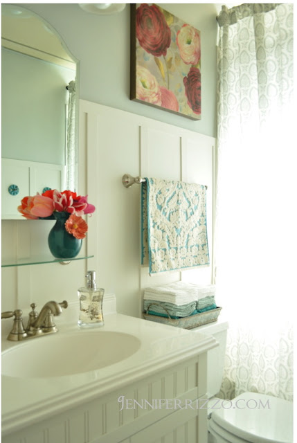 white and aqua bathroom