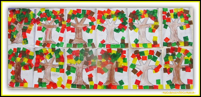 Fall Trees on the Bulletin Board with Tissue Paper Leaves via RainbowsWithinReach