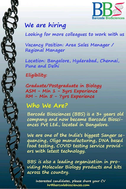 Job Availables, Barcode BioSciences Pvt. Ltd Job Vacancy for Area Sales Manager / Regional Manager - Bangalore/ Hyderabad/ Chennai/ Pune& Delhi Location