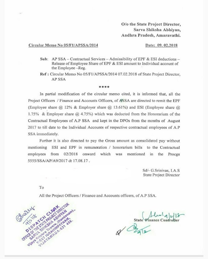 Partial Modifications of Circular Memo - EPF, ESI deductions of Contractual Employees of AP SSA