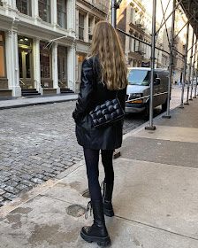 How to Pull Off a Cool All-Black Outfit for Fall — @mvb Marie von Behrens in leather jacket, leggings, lug-sole combat boots, and a  Bottega Veneta Cassette bag