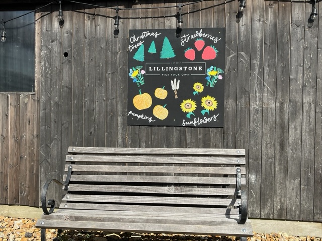 a sign and a bench in front of a wood wall