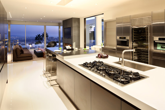 Modern kitchen with city views 