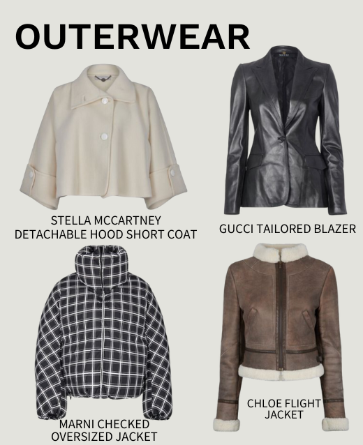 Collage of 4 preloved luxury women’s coats on a platinum background. Coats consist of: Stella McCartney Detachable Hood Short Coat, Gucci Tailored Blazer, Marni Checked Oversized Jacket and Chloe Flight Jacket