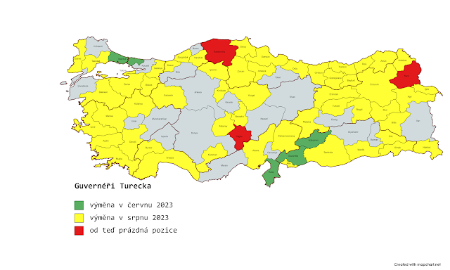 detailní mapa guvernérů Turecka po volbách v květnu 2023; situace z 10. 8. 2023