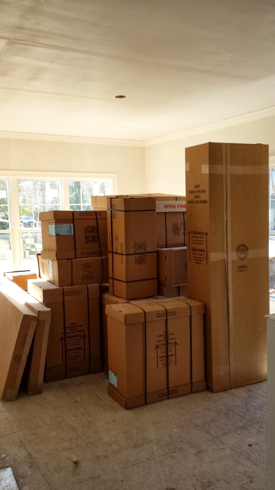 boxes of kitchen cabinets in the kitchen