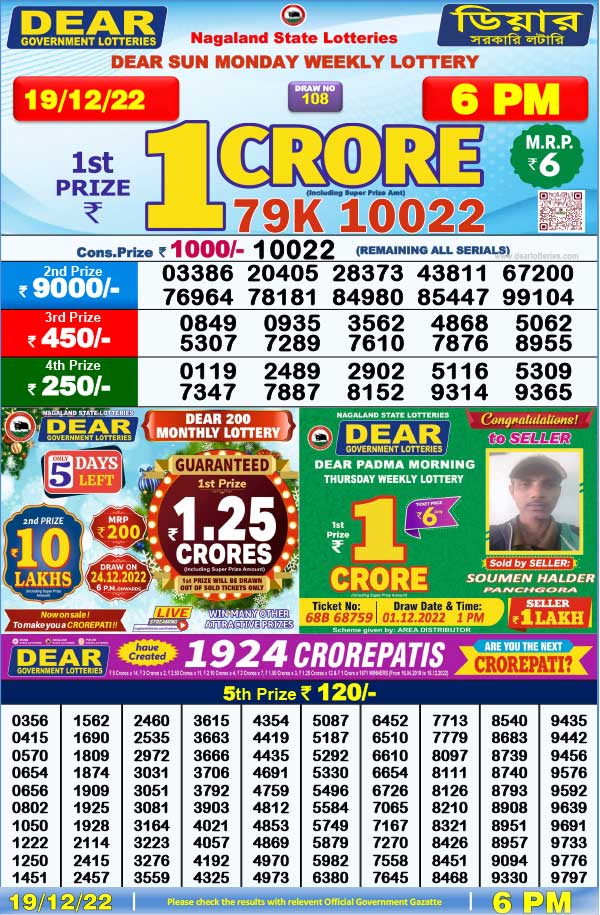 Dhankesari 19.12.2022 Today Result 1pm 6pm 8pm Dear Lottery Winning Number
