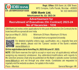 IDBI Bank Recruitment 2023 1036 Executive Posts