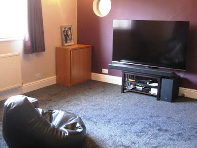 Bean bag chair, television and new carpet