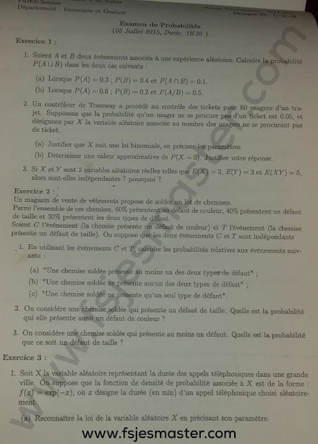 Exemple Examen Licence Epreuve de Probabilités 2014-2015 - Fsjes Souissi