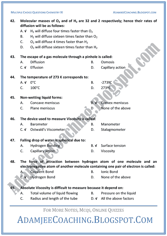 XI Chemistry MCQs - Three States of Matter Gases, Liquids, Solids