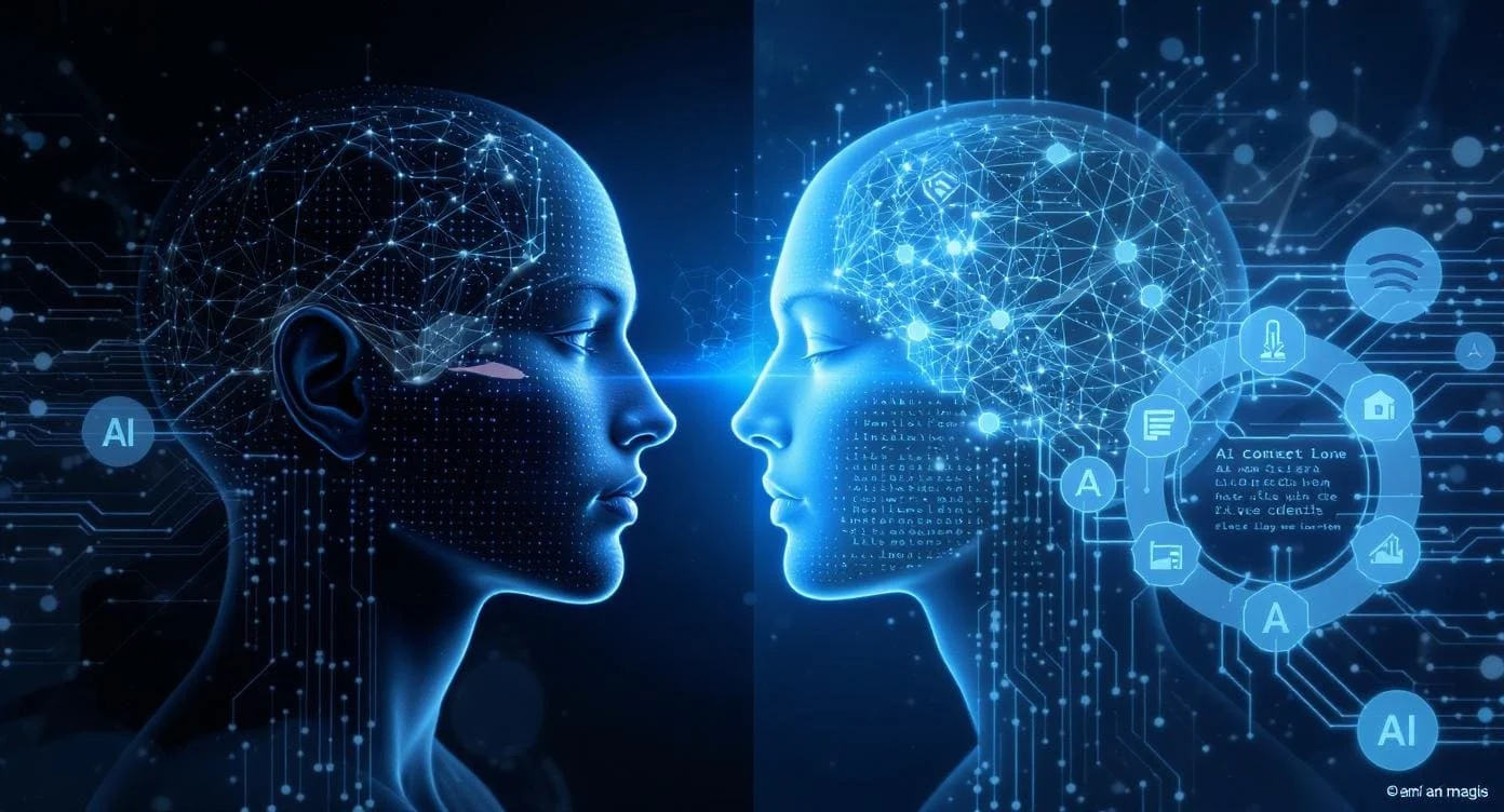 Visualizzazione artistica del processo di intelligenza artificiale per la creazione di contenuti, mostrando la trasformazione da input a output con elementi grafici futuristici