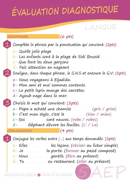 التقويم التشخيصي للسنة الخامسة فرنسية 5 AEP Evaluation diagnostic