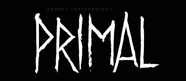 The series logo, white text on a black background reading "Primal". Above this, in a grey font, the nameof the show's creator, Genndy Tartakovsky