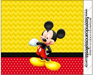 Mickey en Fondo Amarillo con Zigzags y Rojo con Lunares: Etiquetas para Candy Bar para Imprimir Gratis.